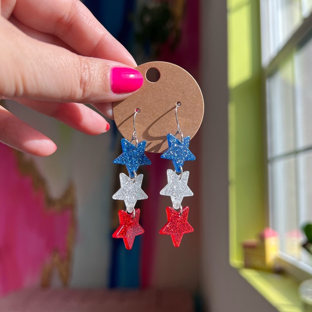 Red White Blue Glitter Acrylic Star Earrings-63 - Picture 1 of 3